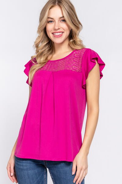 ACTIVE BASIC Ruffle Short Sleeve Lace Detail Knit Top - Loulou Boutique