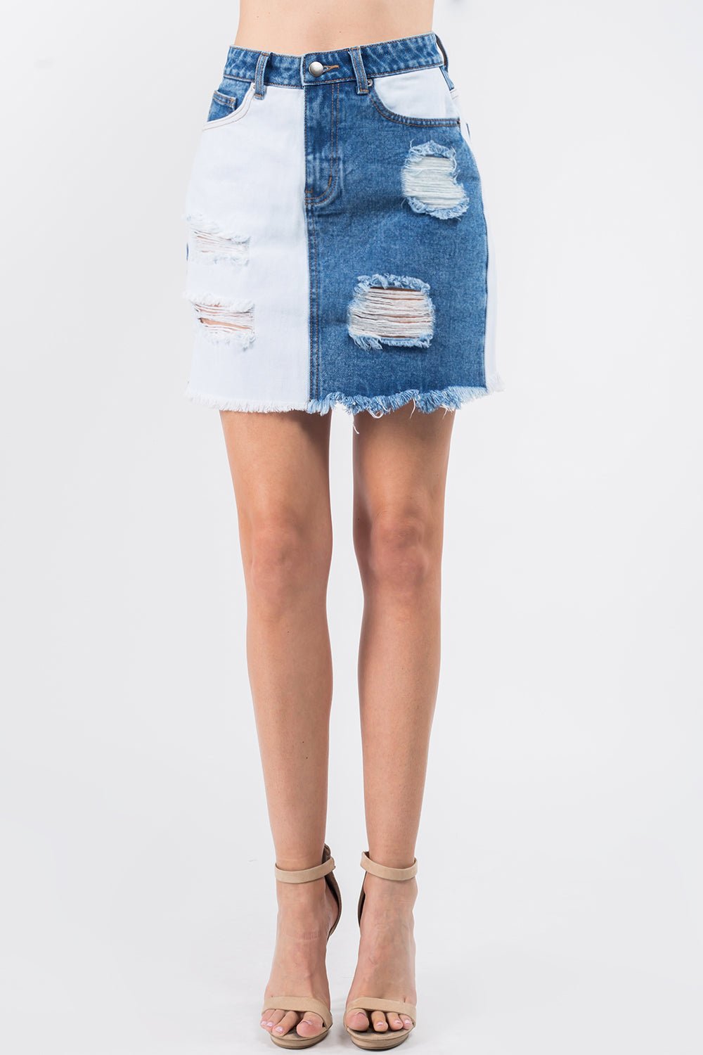 American Bazi Contrast Patched Frayed Denim Distressed Skirts - Loulou Boutique