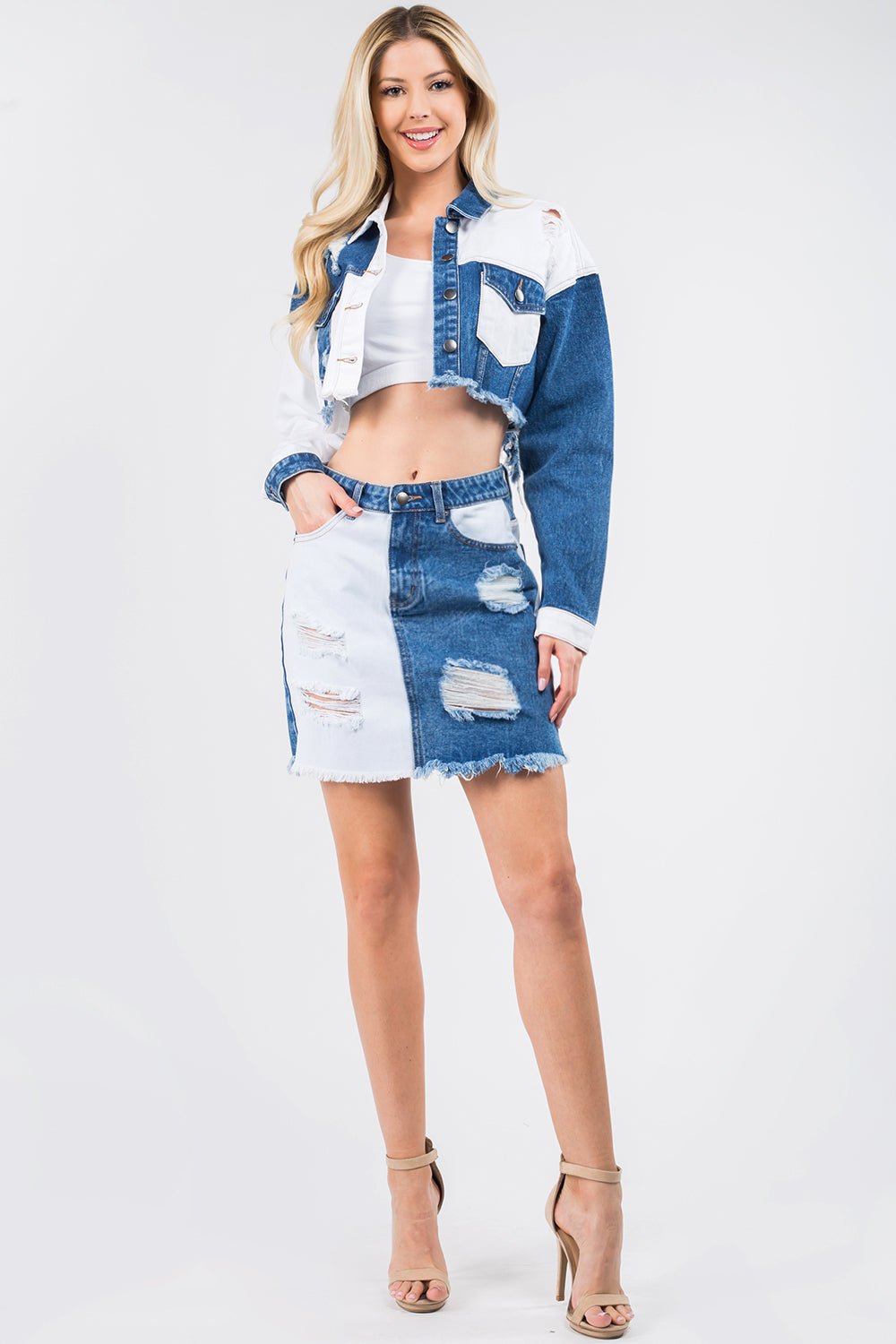 American Bazi Contrast Patched Frayed Denim Distressed Skirts - Loulou Boutique