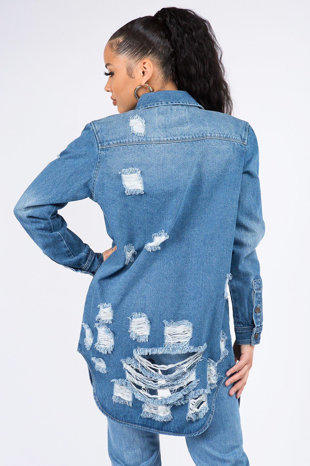 American Bazi Distressed Button Down Denim Shirt Jacket - Loulou Boutique