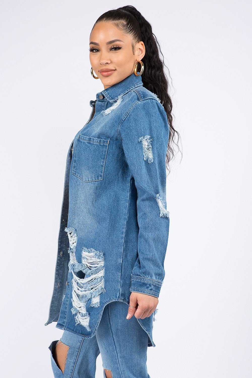 American Bazi Distressed Button Down Denim Shirt Jacket - Loulou Boutique