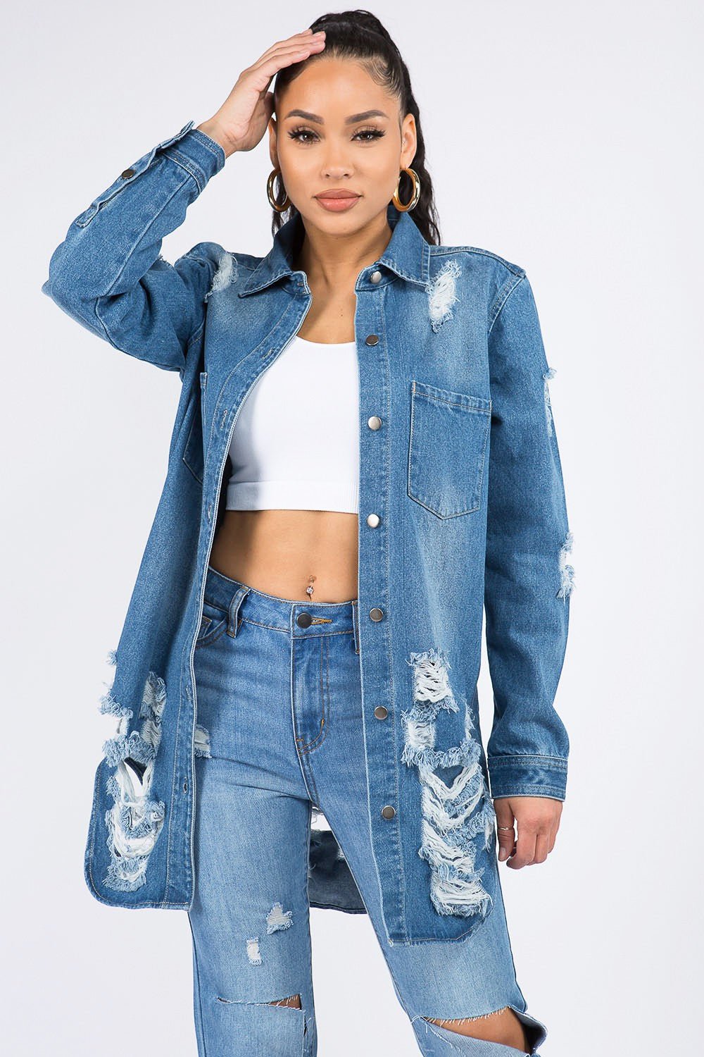 American Bazi Distressed Button Down Denim Shirt Jacket - Loulou Boutique