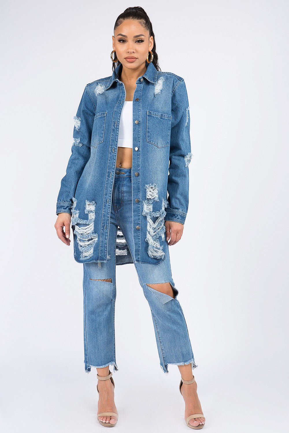 American Bazi Distressed Button Down Denim Shirt Jacket - Loulou Boutique