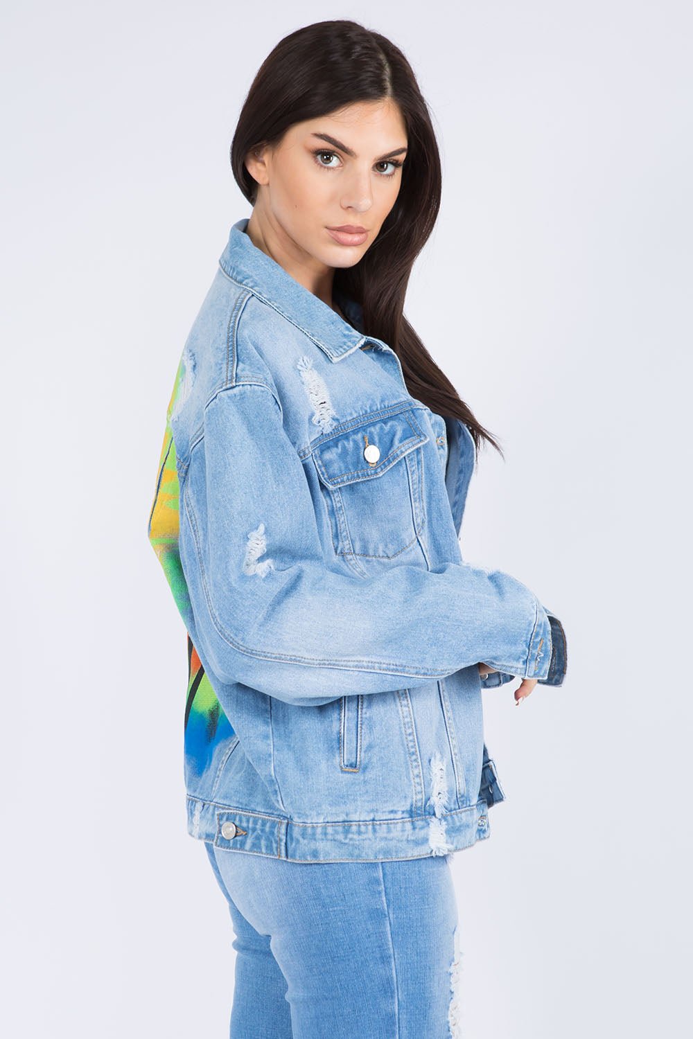 American Bazi Full Size Painted Back Distressed Denim Jacket - Loulou Boutique