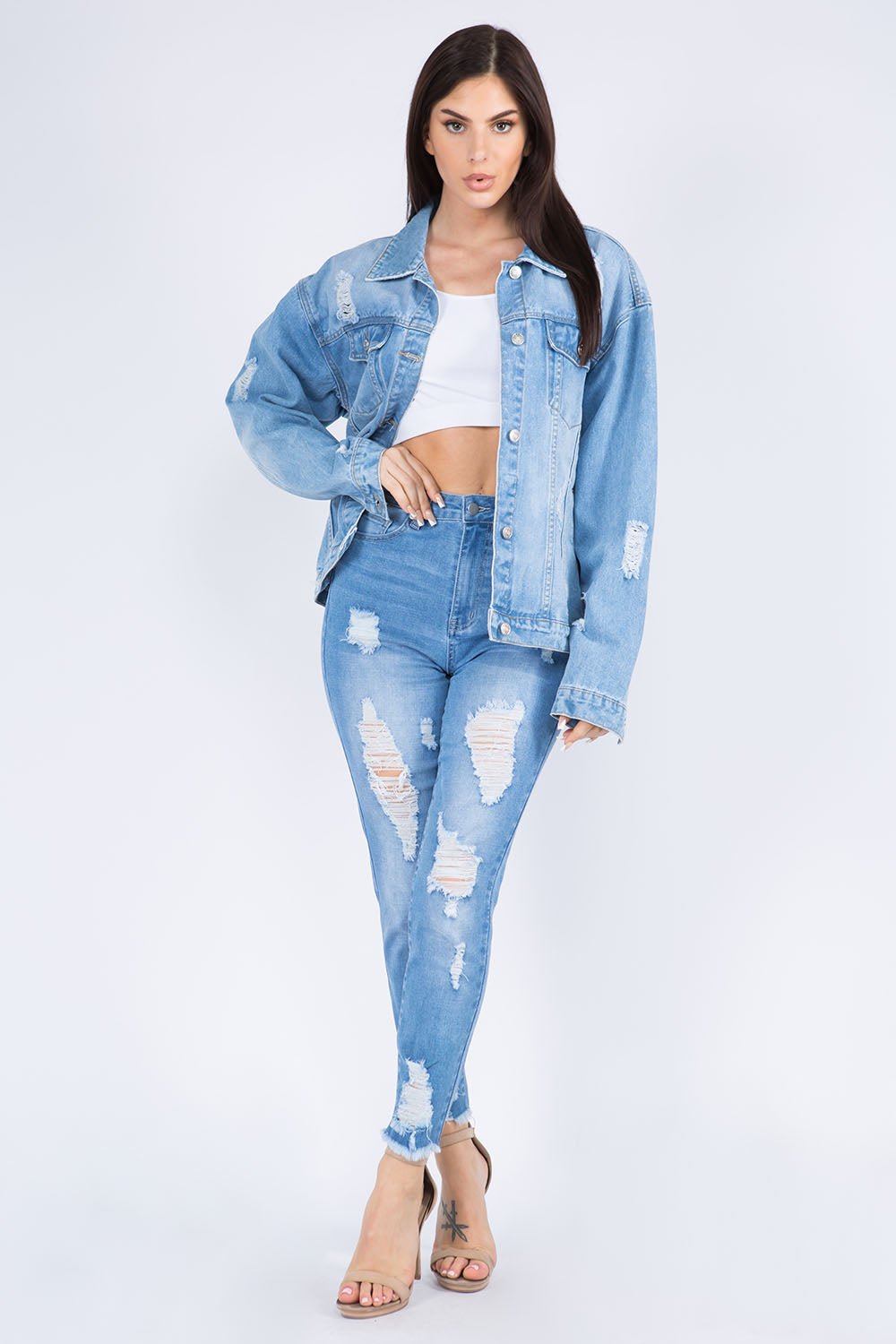 American Bazi Full Size Painted Back Distressed Denim Jacket - Loulou Boutique