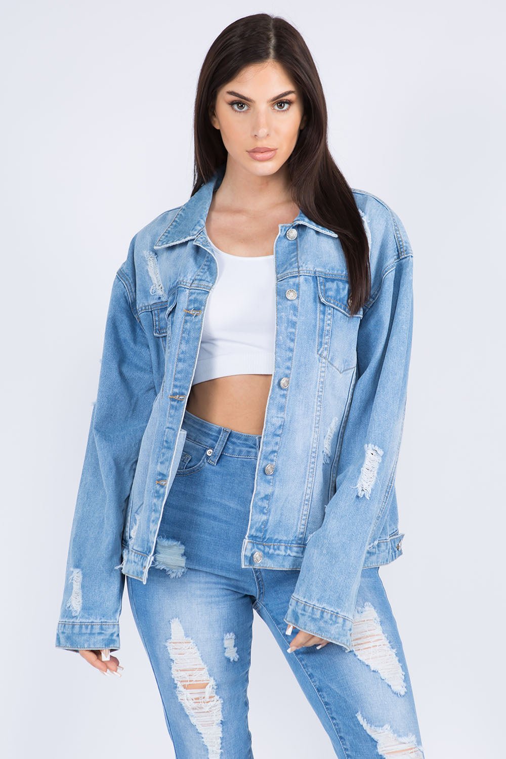 American Bazi Full Size Painted Back Distressed Denim Jacket - Loulou Boutique