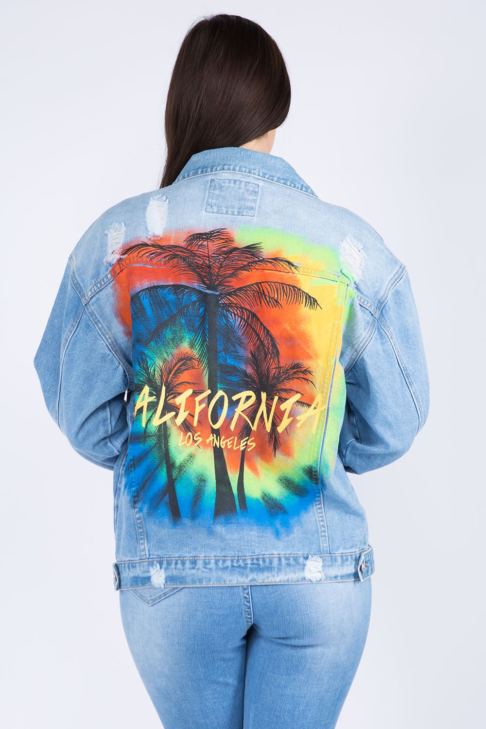 American Bazi Full Size Painted Back Distressed Denim Jacket - Loulou Boutique