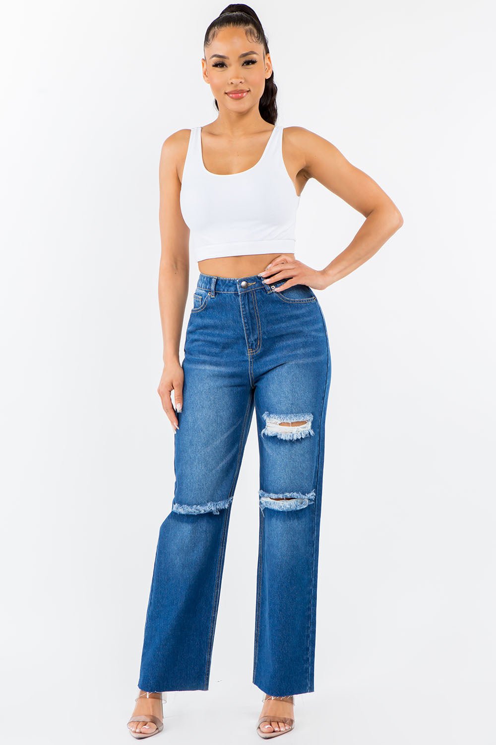 American Bazi High Waist Distressed Wide Leg Jeans - Loulou Boutique