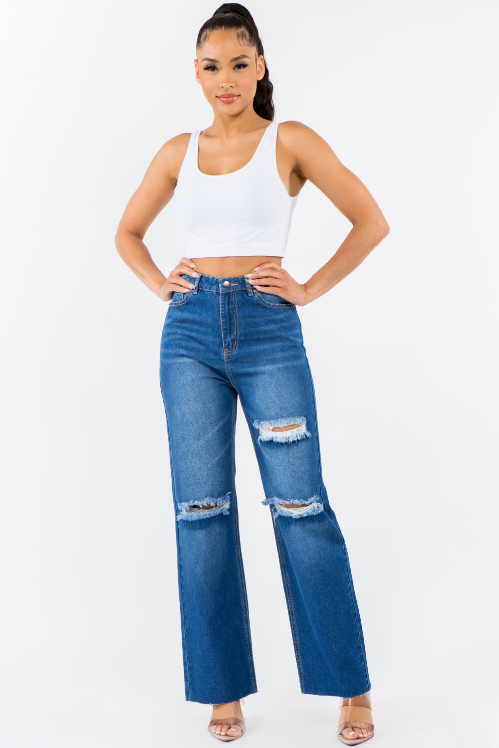 American Bazi High Waist Distressed Wide Leg Jeans - Loulou Boutique