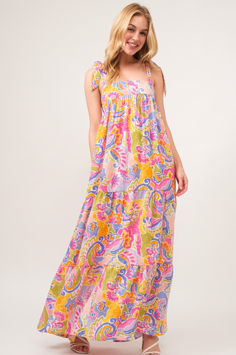 And The Why Full Size Printed Tie Shoulder Tiered Maxi Dress - Loulou Boutique