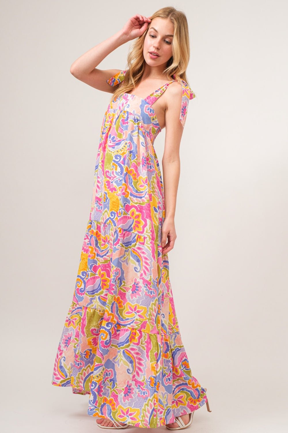 And The Why Full Size Printed Tie Shoulder Tiered Maxi Dress - Loulou Boutique