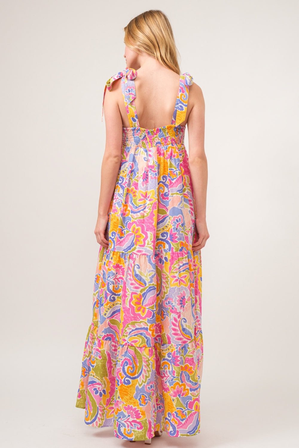 And The Why Full Size Printed Tie Shoulder Tiered Maxi Dress - Loulou Boutique