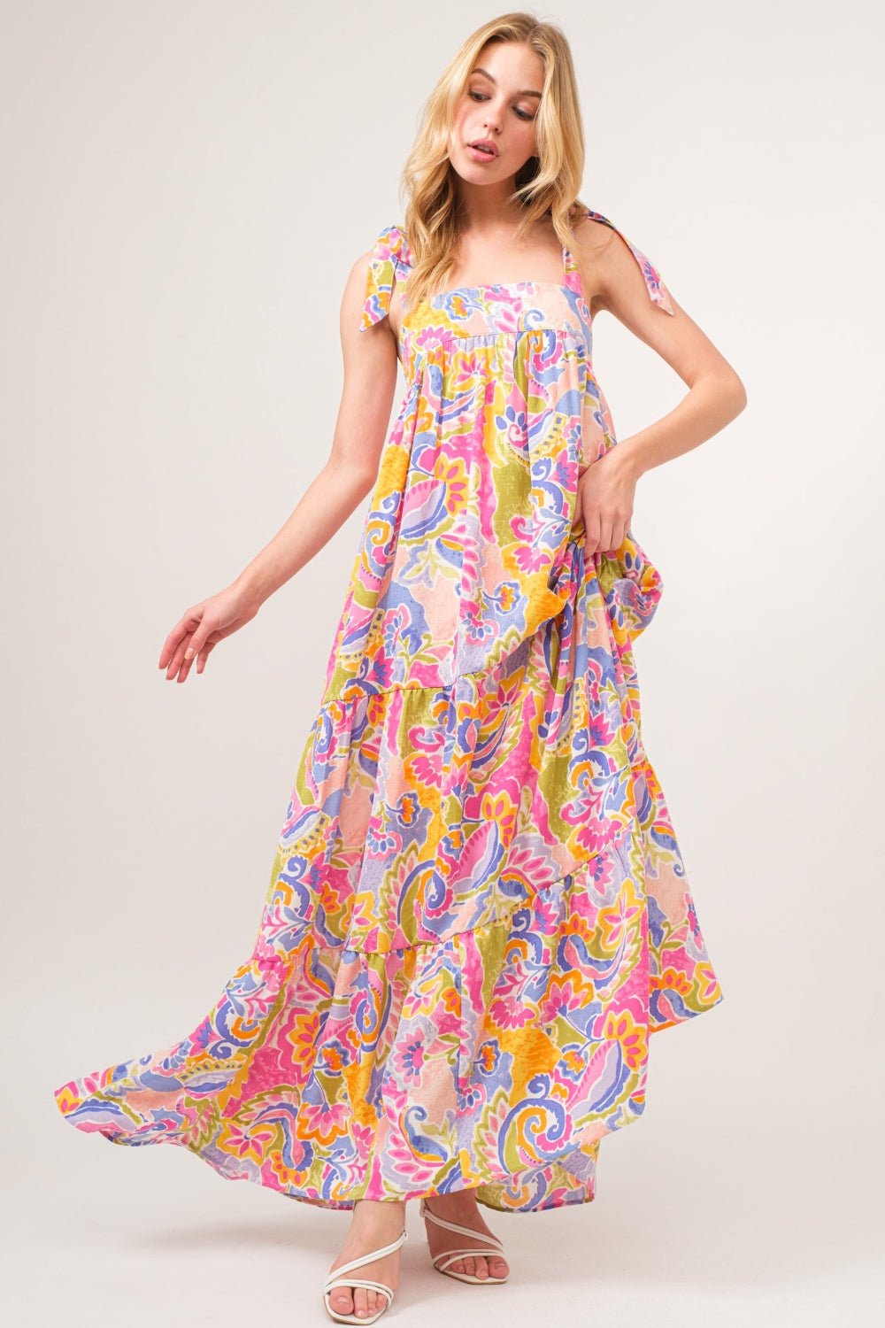 And The Why Full Size Printed Tie Shoulder Tiered Maxi Dress - Loulou Boutique