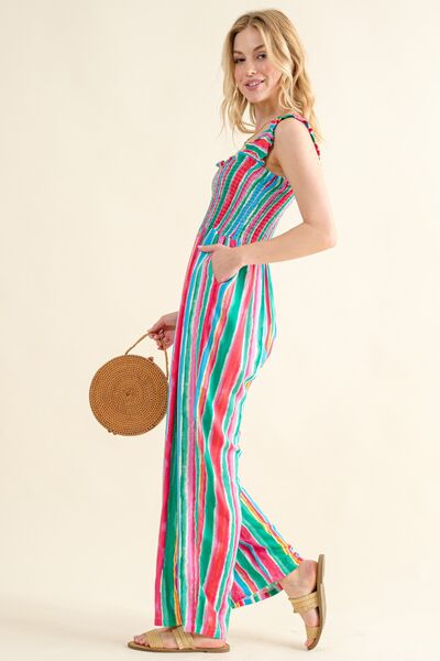 And The Why Full Size Striped Smocked Sleeveless Jumpsuit - Loulou Boutique