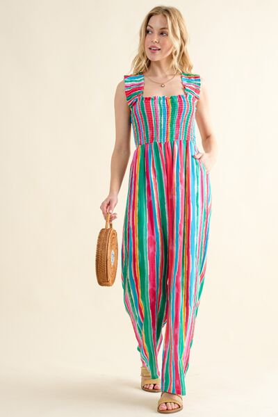 And The Why Full Size Striped Smocked Sleeveless Jumpsuit - Loulou Boutique