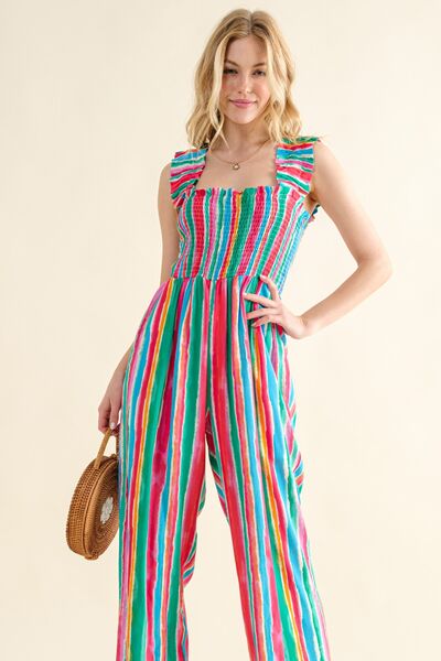 And The Why Full Size Striped Smocked Sleeveless Jumpsuit - Loulou Boutique