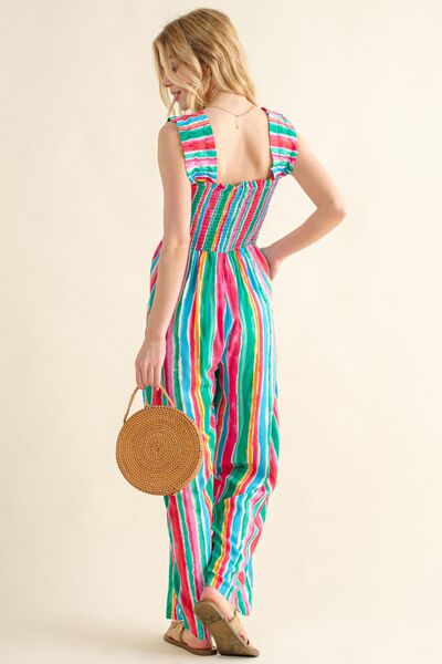 And The Why Full Size Striped Smocked Sleeveless Jumpsuit - Loulou Boutique