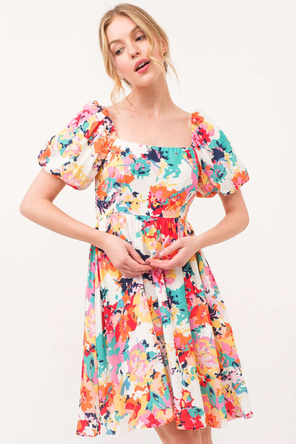 And The Why Square Neck Puff Sleeve Floral Dress - Loulou Boutique