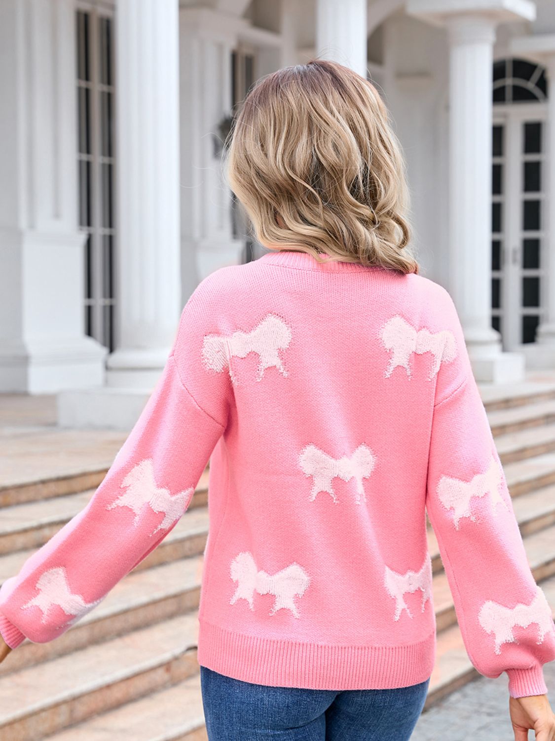 Angel Wings Bow Round Neck Dropped Shoulder Sweater - Loulou Boutique