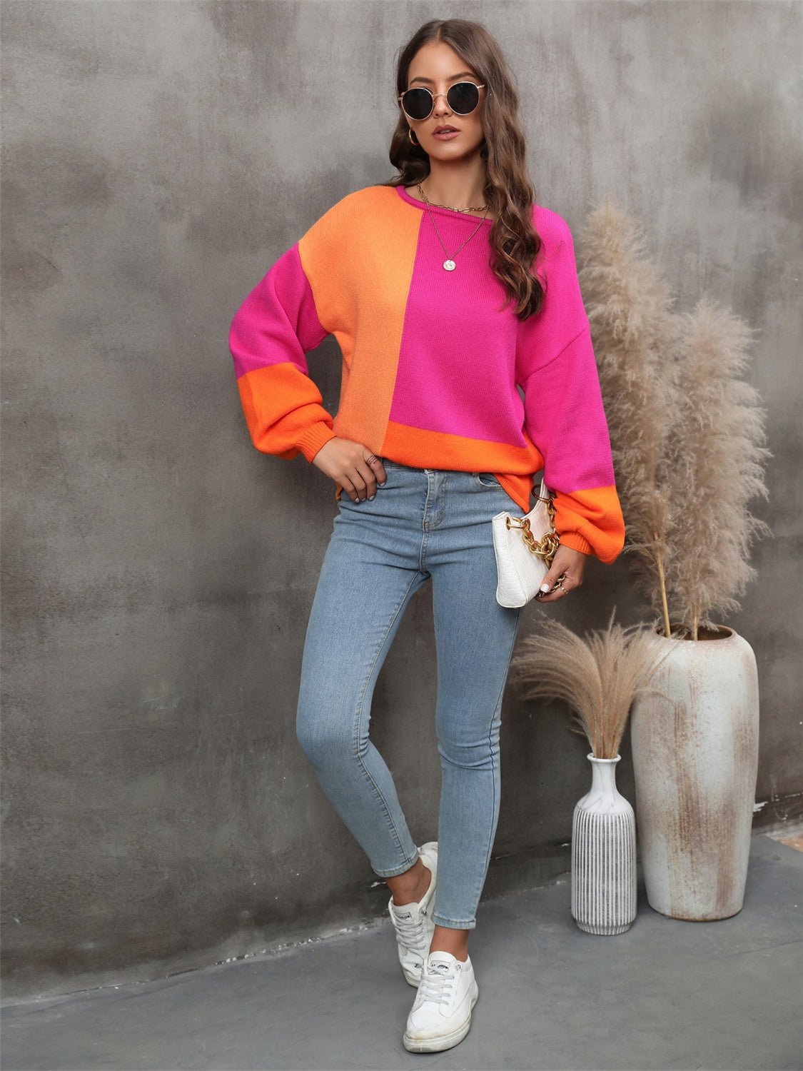 Angel Wings Color Block Round Neck Sweater - Loulou Boutique