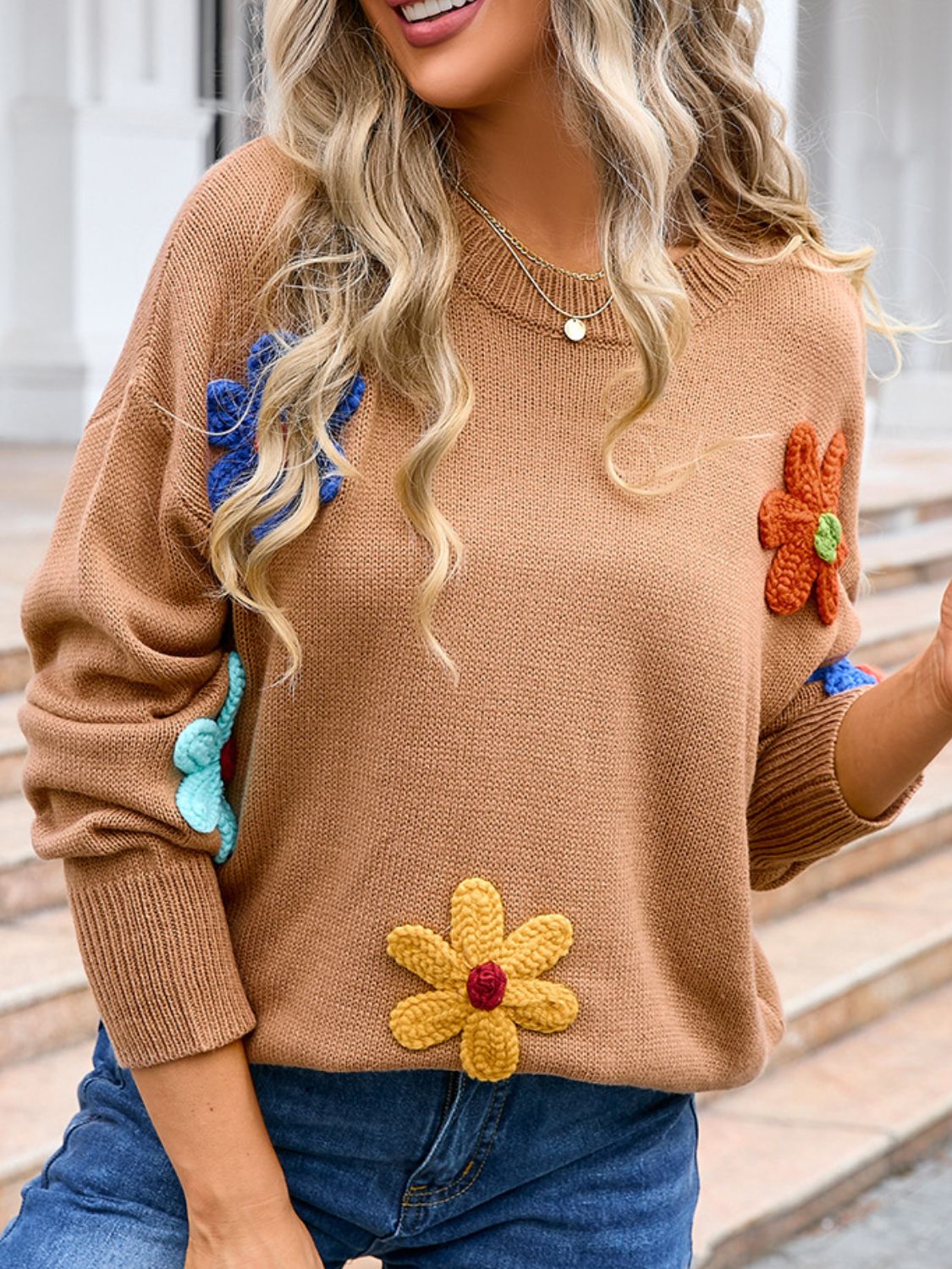 Angel Wings Crochet Flower Round Neck Sweater - Loulou Boutique