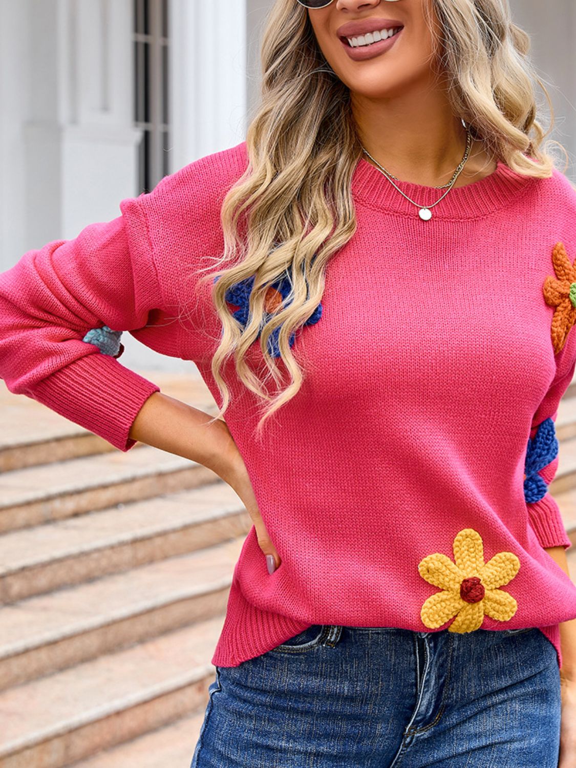 Angel Wings Crochet Flower Round Neck Sweater - Loulou Boutique