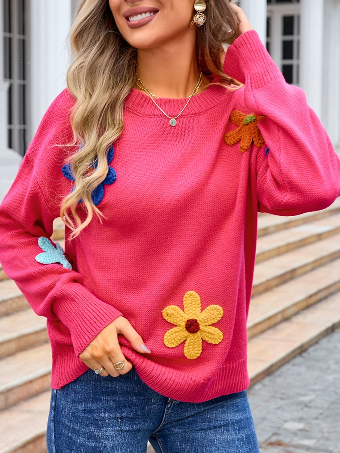 Angel Wings Crochet Flower Round Neck Sweater - Loulou Boutique