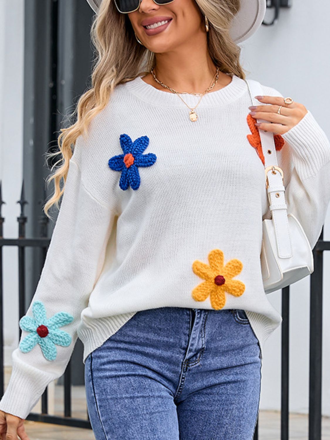 Angel Wings Crochet Flower Round Neck Sweater - Loulou Boutique