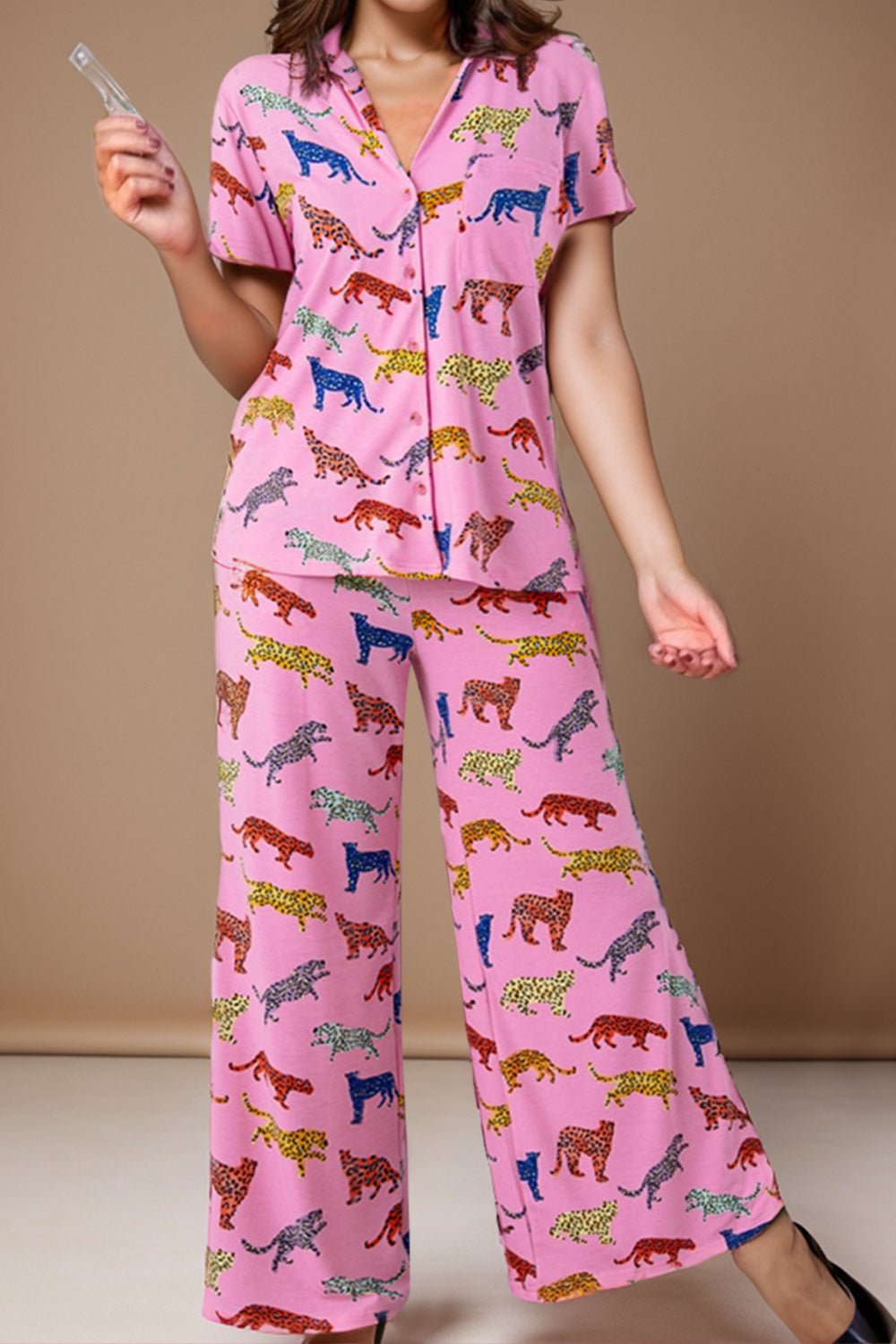 Animal Button Up Top and Pants Lounge Set - Loulou Boutique