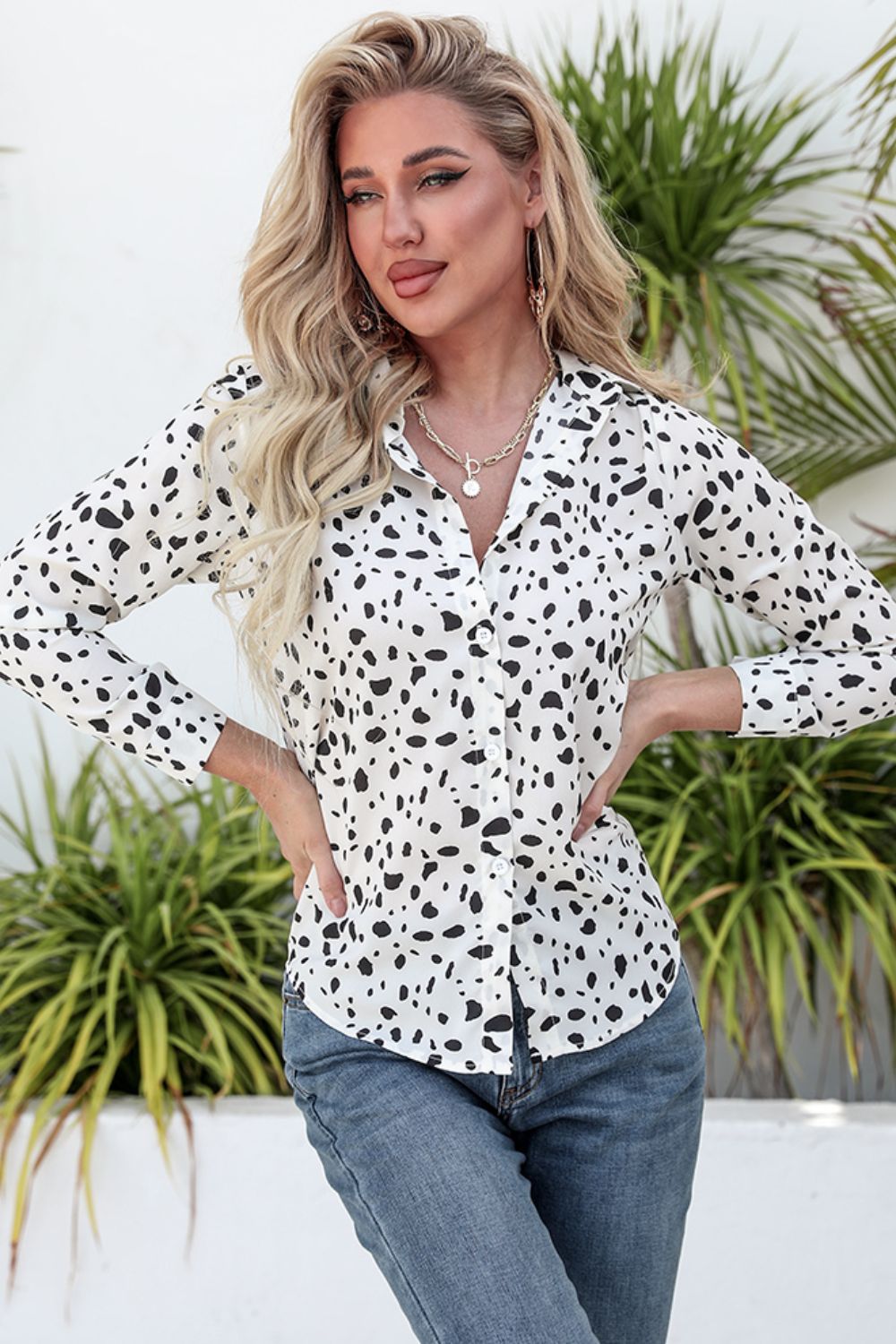 Animal Print Curved Hem Button-Up Shirt - Loulou Boutique