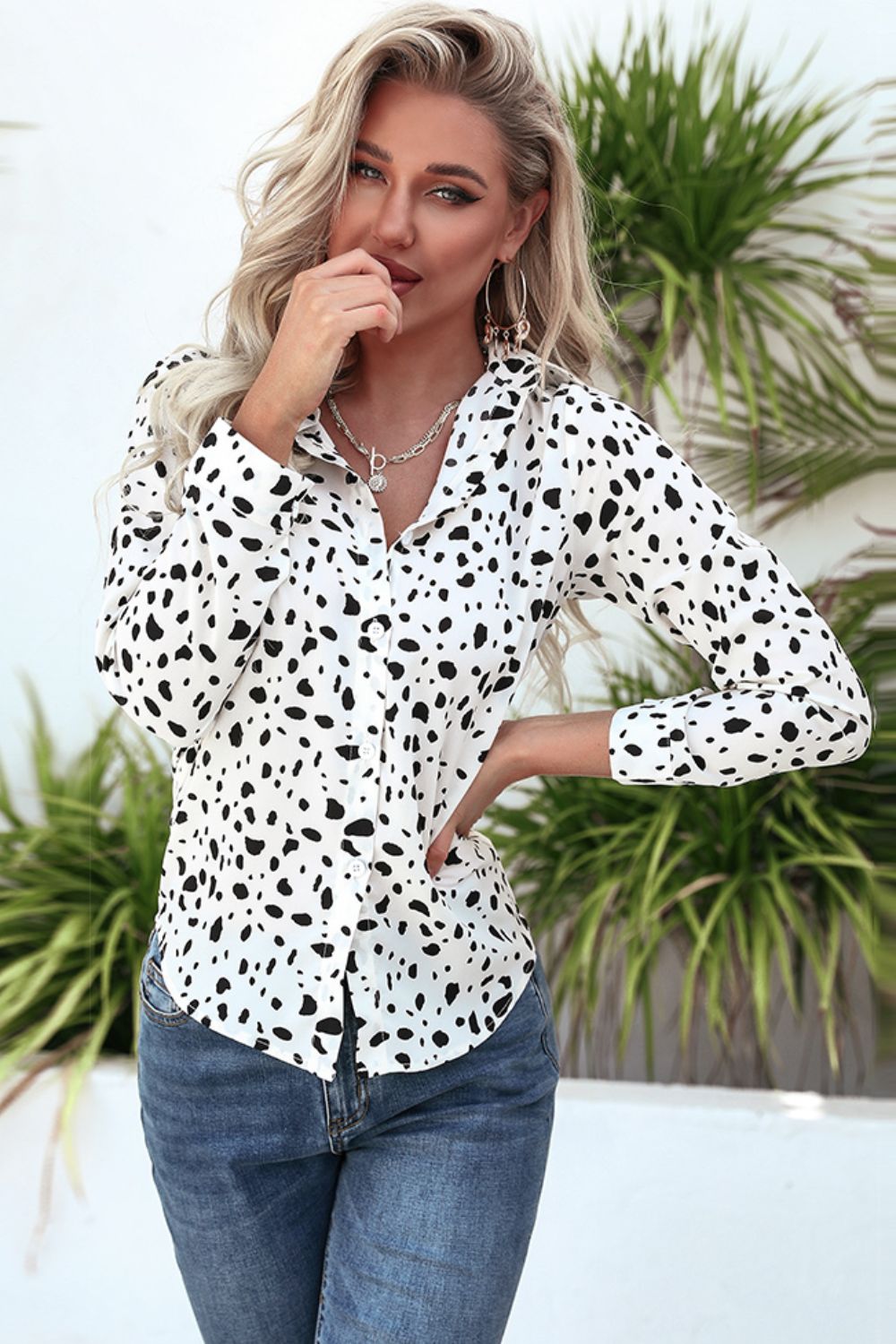 Animal Print Curved Hem Button-Up Shirt - Loulou Boutique