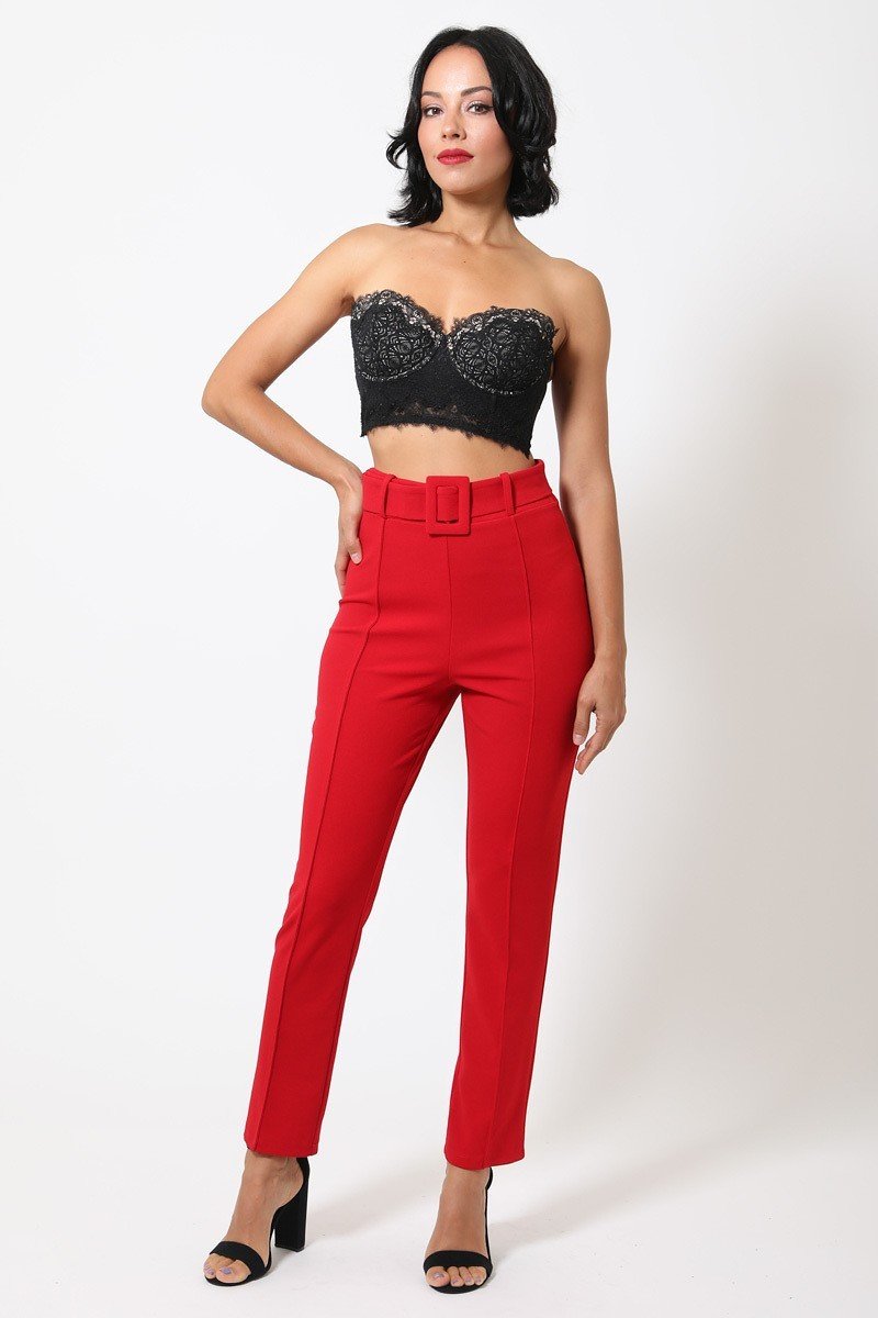 Ankle Tapered Self-fabric Buckle Belt Pants - Loulou Boutique