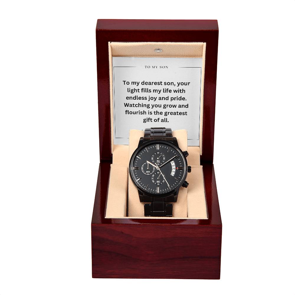 To My Son - Custom Black Chronograph Watch with Monogram – Sleek & Sophisticated