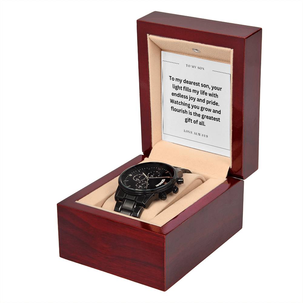 To My Son - Custom Black Chronograph Watch with Monogram – Sleek & Sophisticated