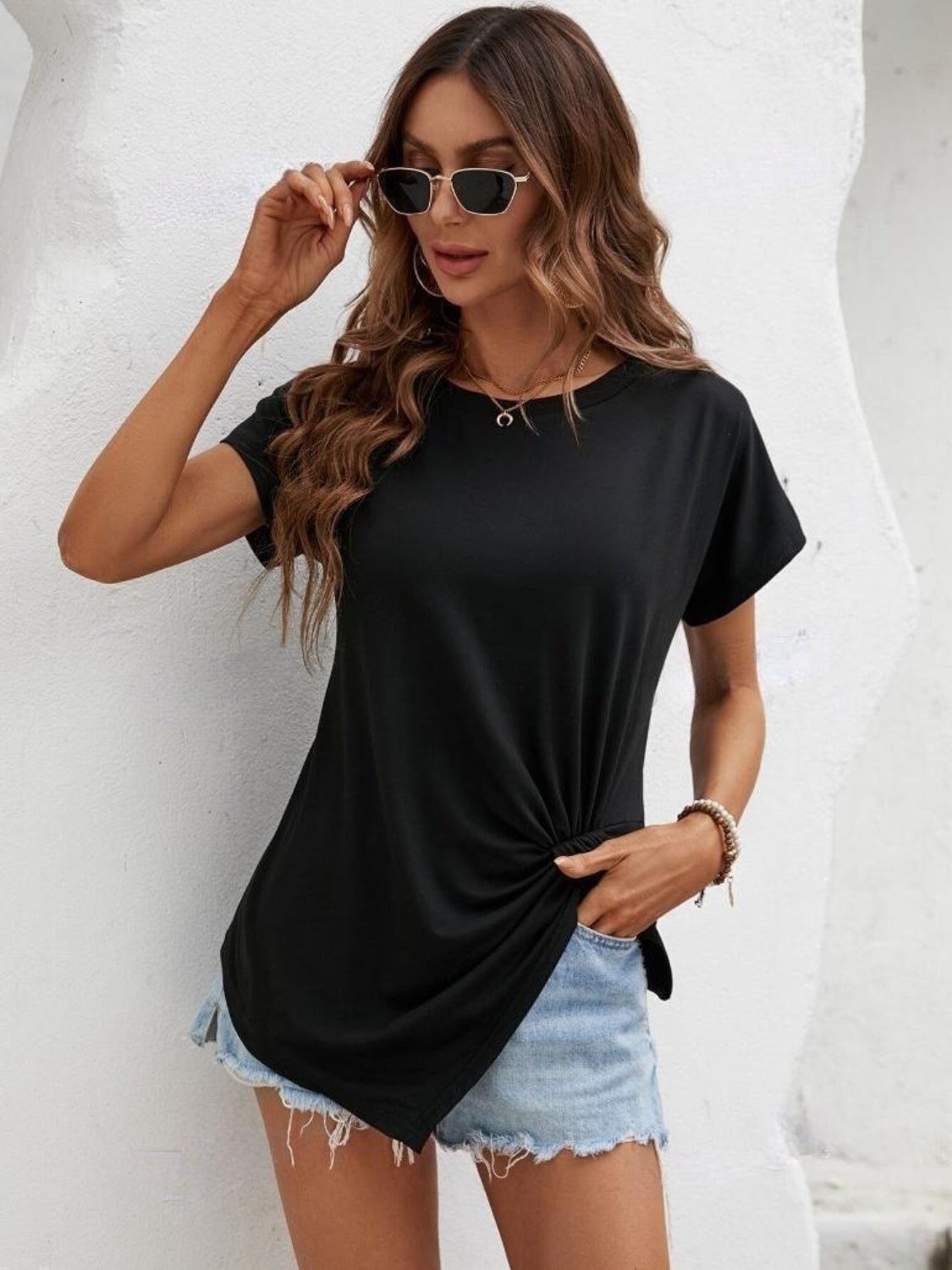 Asymmetric Hem Round Neck T-Shirt - Loulou Boutique