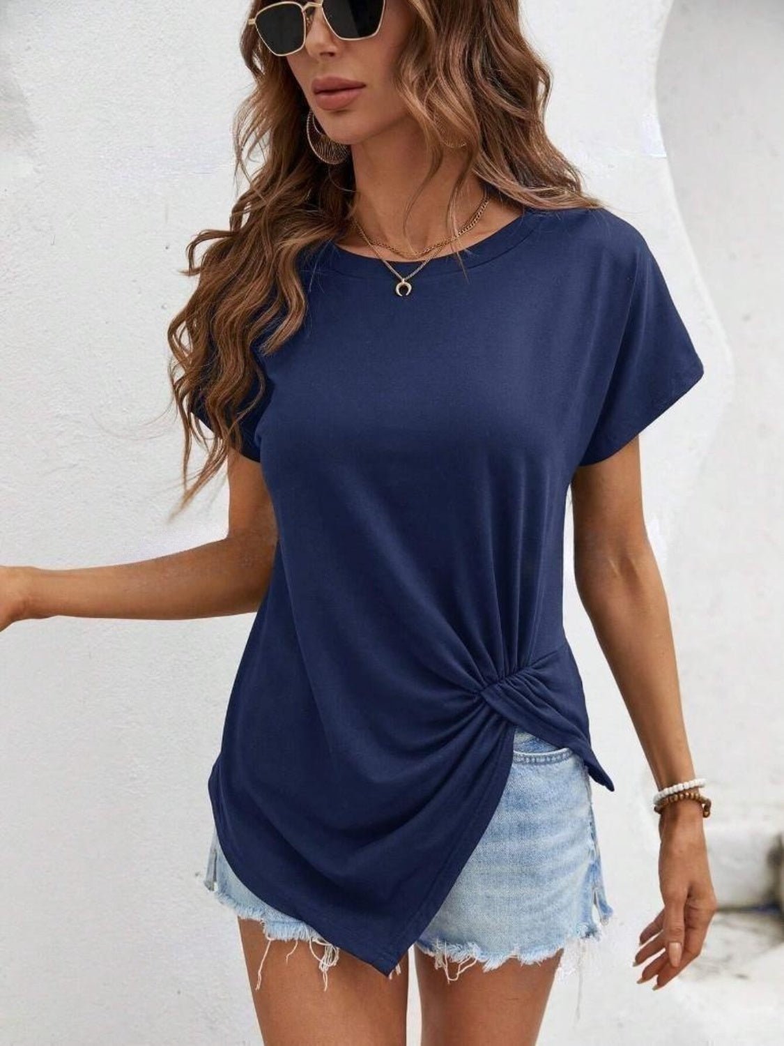 Asymmetric Hem Round Neck T-Shirt - Loulou Boutique