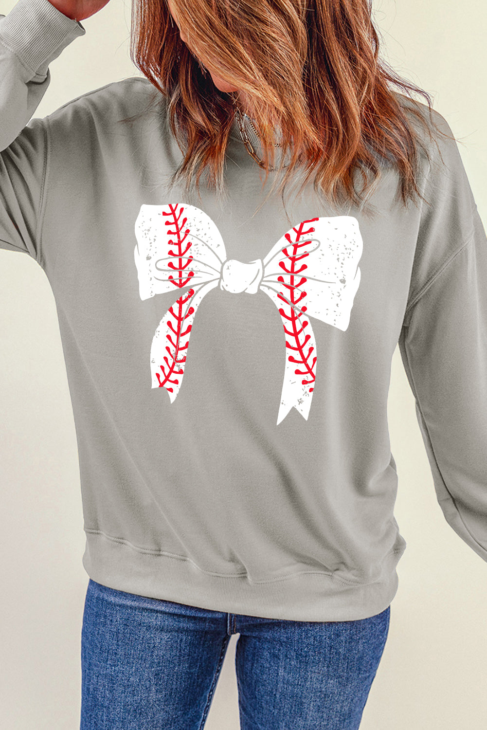 Bow Graphic Round Neck Long Sleeve Sweatshirt