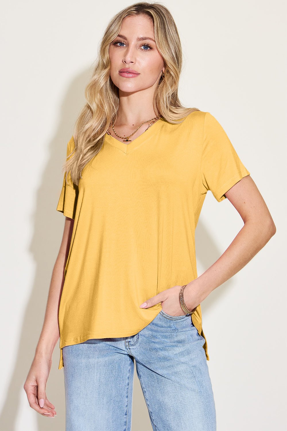 Basic Bae Bamboo Full Size V-Neck High-Low T-Shirt - Loulou Boutique