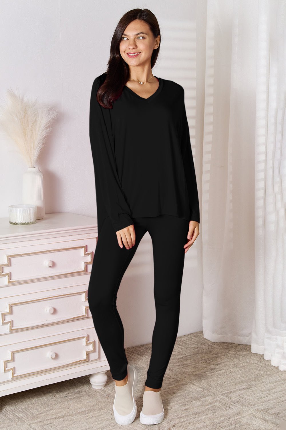 Basic Bae Bamboo Full Size V - Neck Long Sleeve Top and Pants Lounge Set - Loulou Boutique