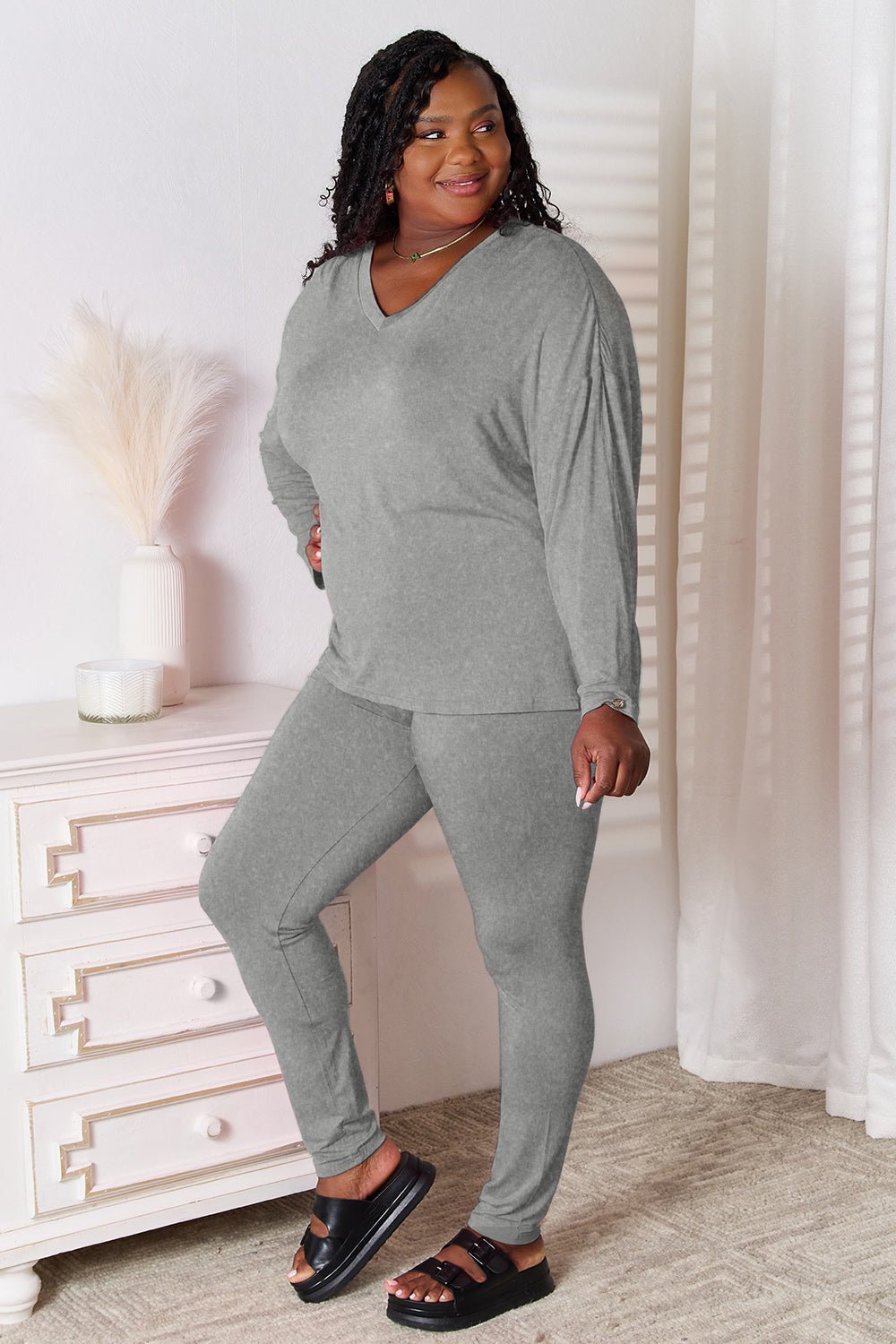 Basic Bae Bamboo Full Size V - Neck Long Sleeve Top and Pants Lounge Set - Loulou Boutique