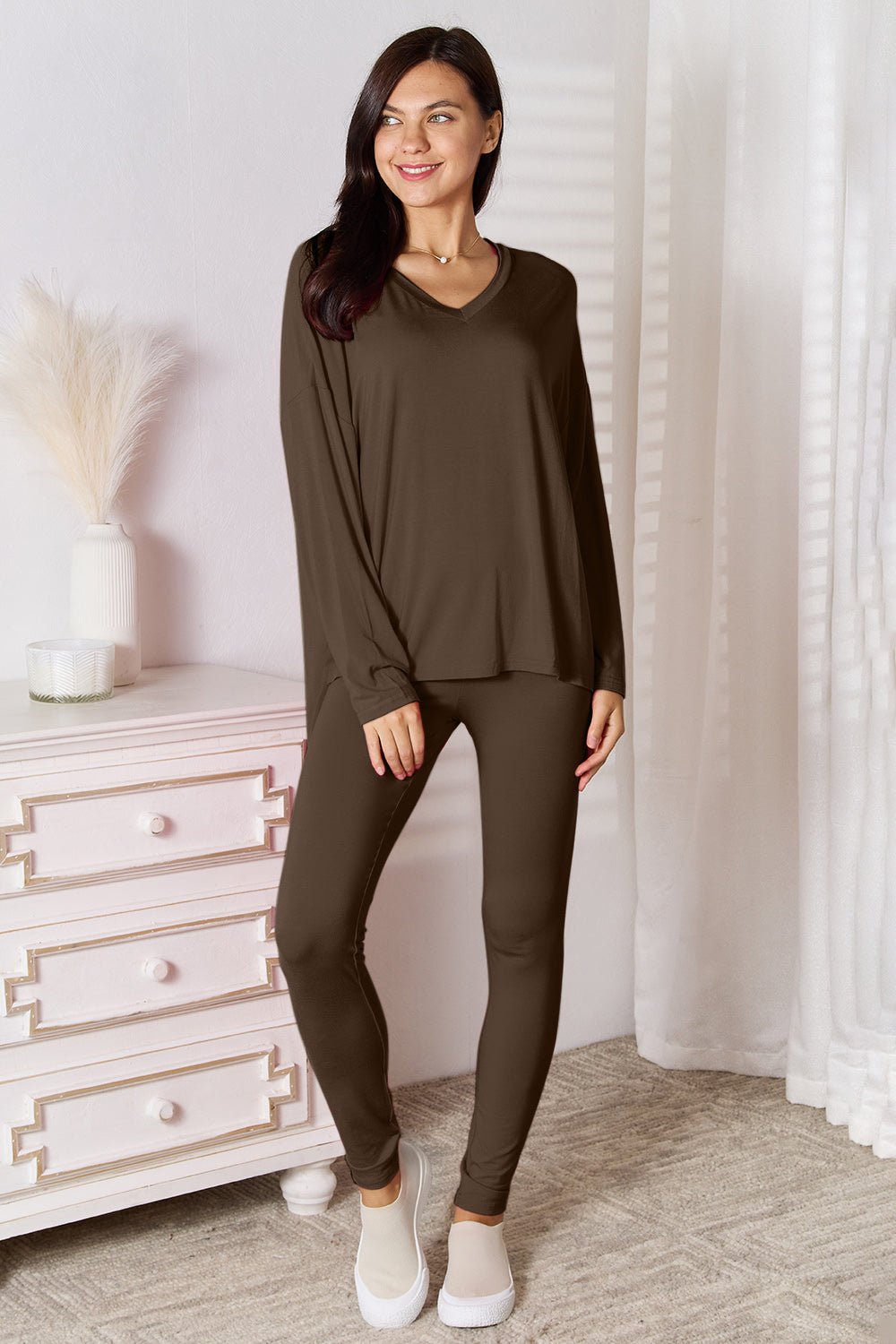 Basic Bae Bamboo Full Size V - Neck Long Sleeve Top and Pants Lounge Set - Loulou Boutique