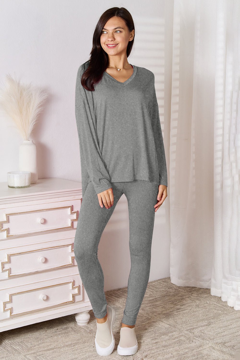 Basic Bae Bamboo Full Size V - Neck Long Sleeve Top and Pants Lounge Set - Loulou Boutique