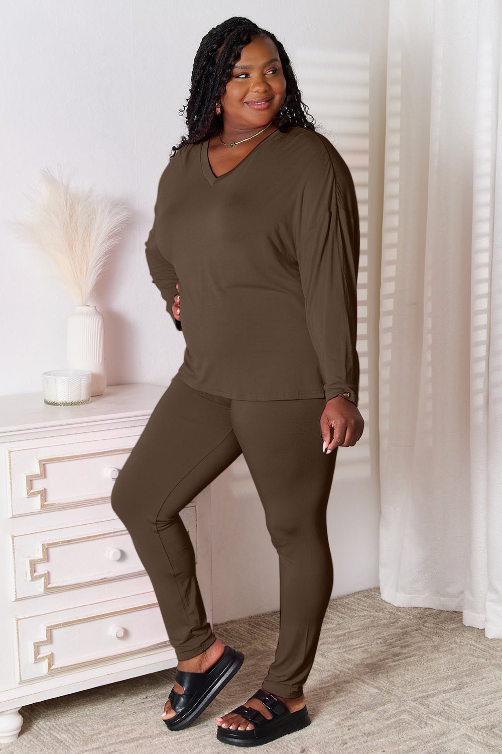 Basic Bae Bamboo Full Size V - Neck Long Sleeve Top and Pants Lounge Set - Loulou Boutique