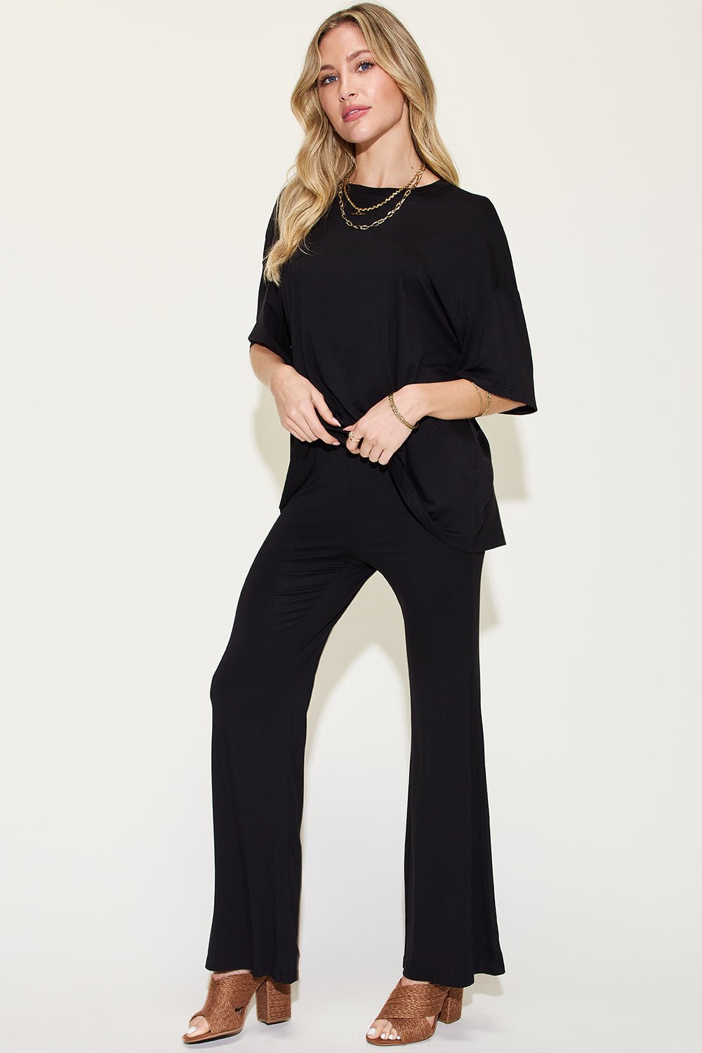 Basic Bae Full Size Bamboo Drop Shoulder T-Shirt and Flare Pants Set - Loulou Boutique