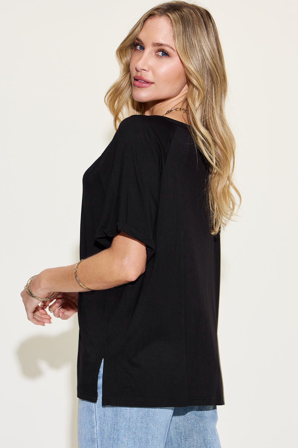 Basic Bae Full Size Bamboo Slit V-Neck Short Sleeve T-Shirt - Loulou Boutique