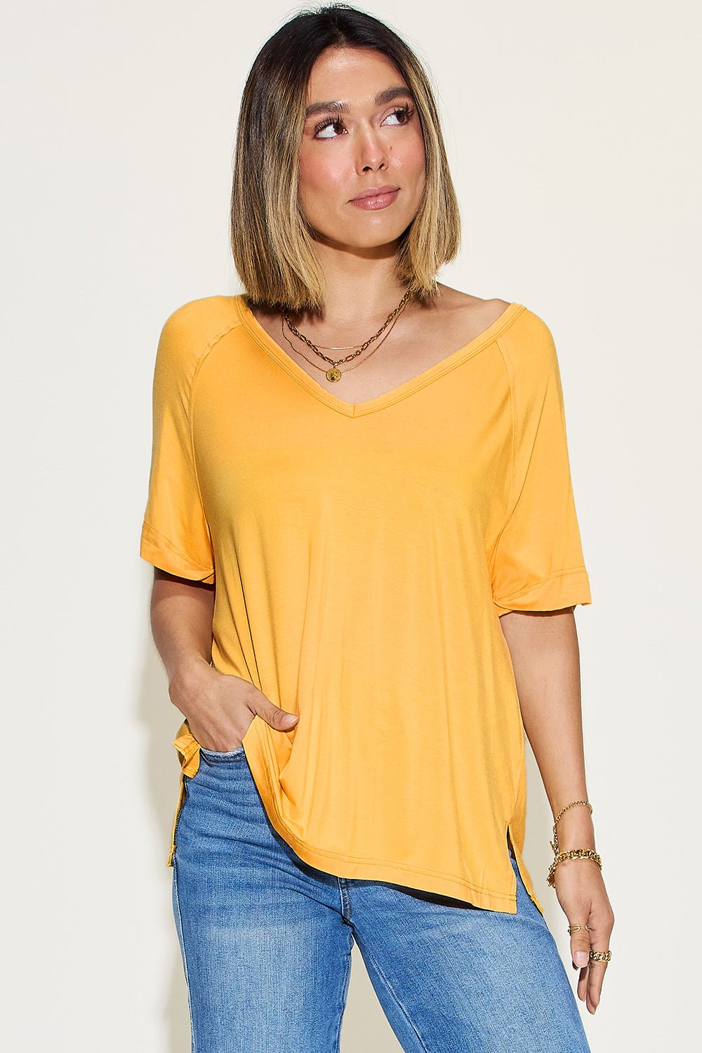 Basic Bae Full Size Bamboo Slit V-Neck Short Sleeve T-Shirt - Loulou Boutique