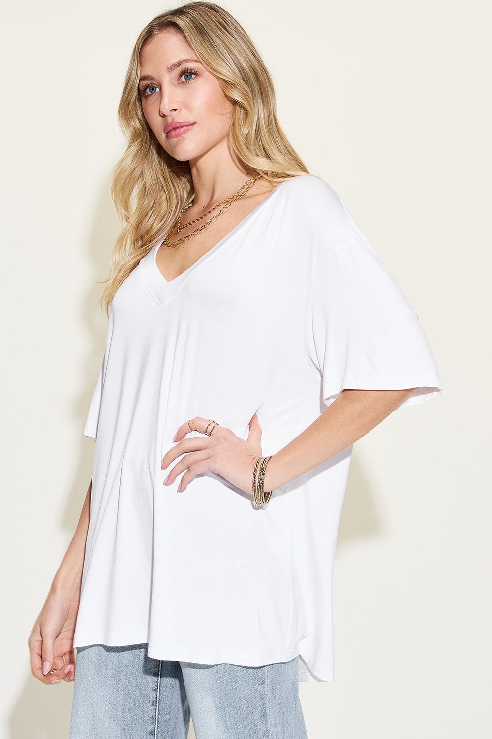 Basic Bae Full Size Bamboo V-Neck Drop Shoulder T-Shirt - Loulou Boutique