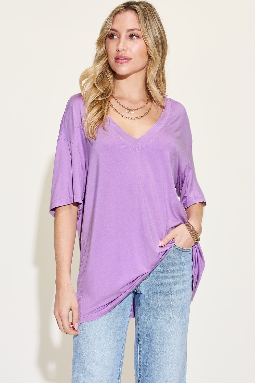 Basic Bae Full Size Bamboo V-Neck Drop Shoulder T-Shirt - Loulou Boutique