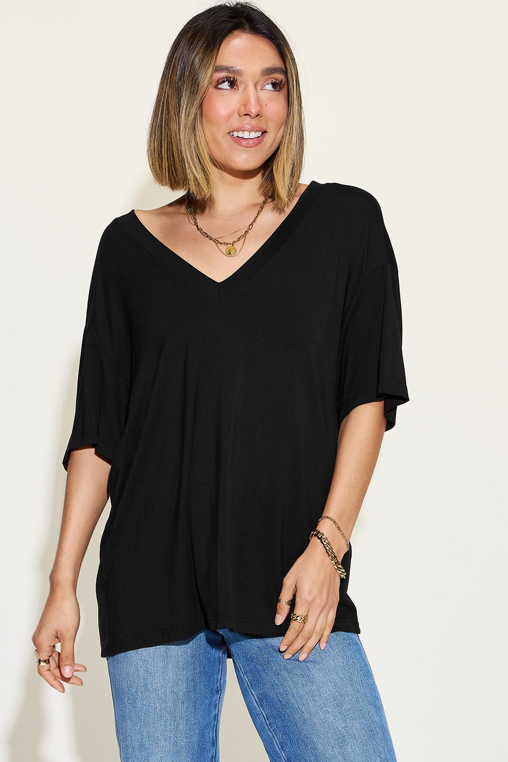 Basic Bae Full Size Bamboo V-Neck Drop Shoulder T-Shirt - Loulou Boutique