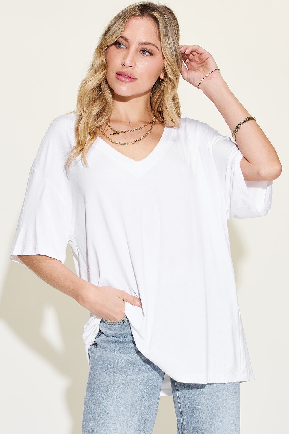 Basic Bae Full Size Bamboo V-Neck Drop Shoulder T-Shirt - Loulou Boutique